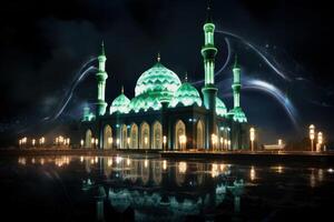 Illuminated mosque reflecting in water at night photo