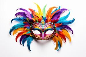 Colorful venetian carnival mask with feathers on white background photo
