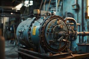 Old powerful industrial engine standing in factory workshop photo