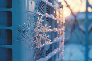 Large decorative snowflake hanging on an air conditioner covered in frost at sunset photo