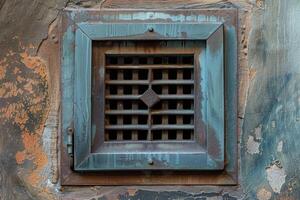 Old weathered metal window covering showing bars and diamond shape on building exterior photo