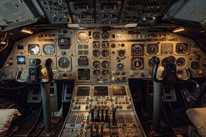 Airplane cockpit control panel showing flight instruments and knobs photo