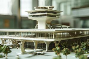 Architectural model of an airport terminal building with control tower photo