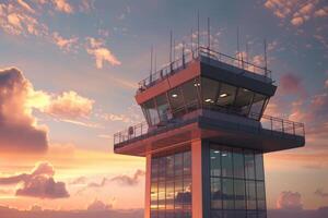 Airport control tower standing tall at sunset with air traffic controllers working photo