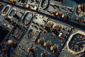 Old airplane cockpit control panel showing complexity of piloting photo