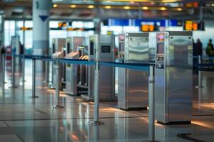 Row of empty check in counters is waiting for passengers in airport hall photo