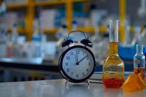 Alarm clock ticking showing deadline pressure in a science laboratory photo