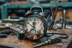 Old broken rusty alarm clock showing almost five o'clock sitting on workbench photo