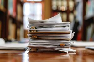 Stack of folders overflowing with paperwork sitting on desk photo