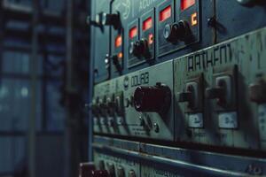 Old control panel with buttons and switches showing in a dark industrial room photo