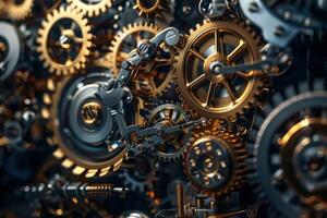 Complex system of golden and metallic cogwheels interlocking and rotating photo