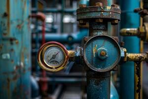 Old pressure gauge showing the pressure on blue pipe in an industrial environment photo
