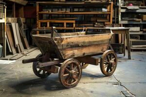 Old wooden wagon standing in an antique store with a carpenter working in the background photo