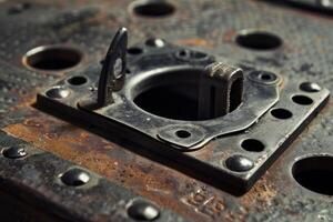 Old rusty metal plate with rivets and a hinge is showing signs of corrosion photo
