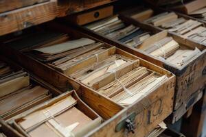 Wooden cabinet showing many open drawers containing old files tied with string photo