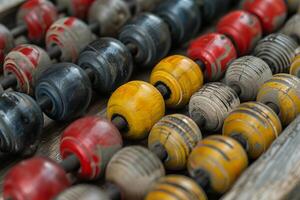 Old wooden abacus showing colorful beads for calculation photo