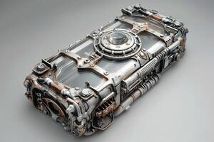 Steampunk metallic device showing gears and cogs photo