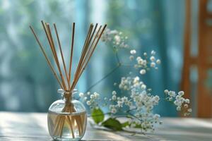 Aromatic reed diffuser spreading pleasant aroma in the room photo