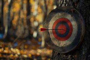 Arrow hitting the center of an archery target in the woods photo