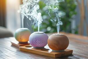 Three aroma diffusers releasing soothing scents in a tranquil home environment photo