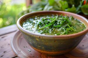 Green detox soup with arugula and spinach in rustic bowl sitting on wooden table photo
