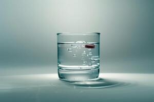 Red pill dissolving in a glass of water on gradient background photo