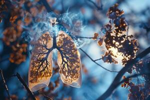 Smoke filling lungs formed from tree branches symbolizing nature and health photo