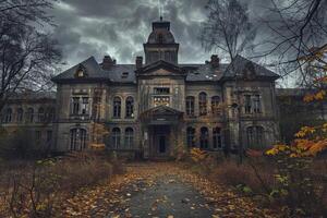 Abandoned mansion decaying under stormy sky with overcast clouds photo