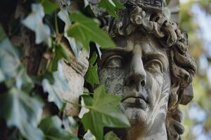 Ancient stone statue partially covered by ivy looking majestically in nature photo