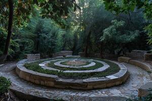 Ancient stone circle surrounded by lush green trees in a tranquil forest setting photo