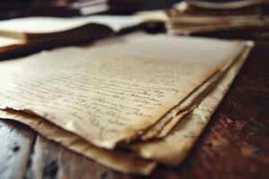 Old handwritten letter on a wooden table with shallow depth of field photo