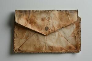 Old, stained, and singed envelope resting on white surface photo