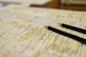 Two pencils resting on a spreadsheet full of data photo