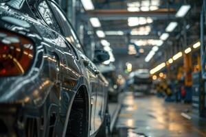New black car leaving assembly line in modern car factory photo