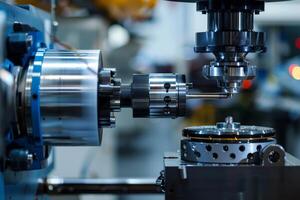 Cnc lathe machine cutting metal part in workshop photo