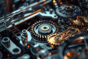 Shiny new gears and cogs form a complex mechanism photo