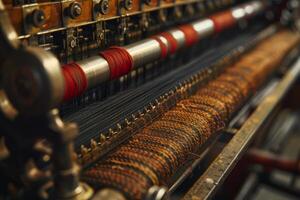 Antique mechanical weaving loom is creating fabric with red and black thread photo