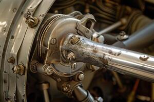 Closeup of shiny metal airplane engine parts showing complexity photo