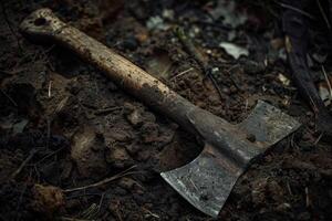 Old dirty axe lying on the ground after use photo