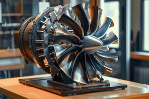 Close up of turbofan jet engine on display in engineering workshop photo