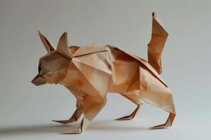 Origami fox prowling with raised tail on white background photo