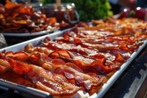 Delicious crispy bacon strips resting on metal baking tray photo