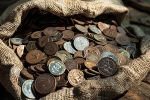 Old world coins overflowing from burlap sack on table photo