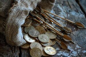 Arrows and gold coins spilling from burlap sack on wooden table photo