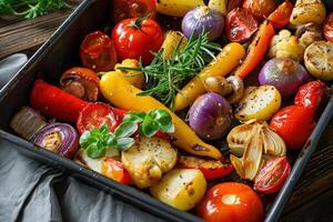 Colorful vegetables roasting in a baking pan with herbs photo