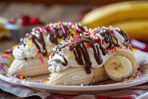 Two banana splits covered in chocolate sauce and sprinkles are sitting on a plate photo