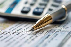 Accountant using calculator for calculating tax return photo