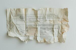 Old crumpled paper document with torn edges lying on white background photo