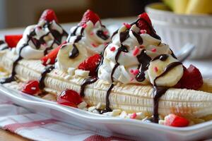 Delicious banana split with whipped cream and chocolate drizzle being prepared on countertop photo