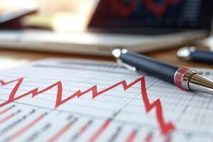 Red arrow pointing down showing negative trend on business graph report with pen and laptop photo
